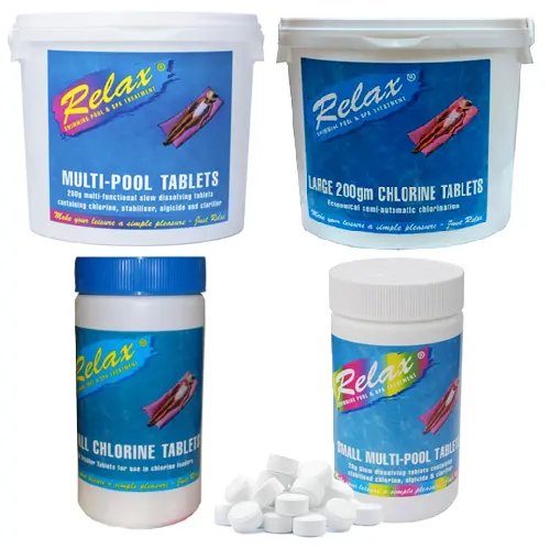 Relax Chlorine Tablets large 200g and Small 20g both multifunctional and standard